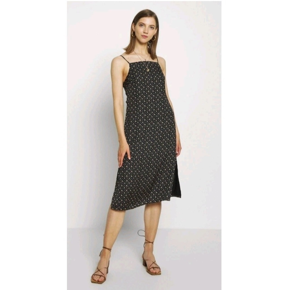 American Eagle Womens Sz Lg Tie-Back Midi Lined Dress Black‎ Ditsy Floral Print